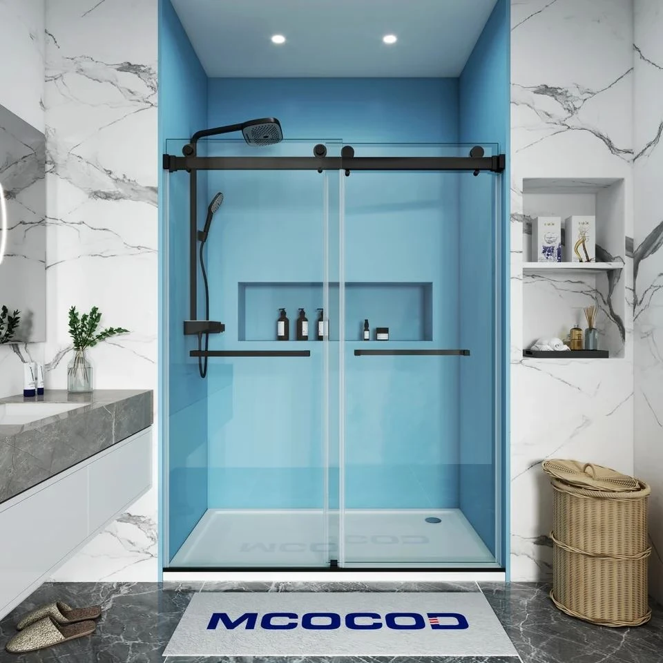Double Sliding Frameless Shower Door With Towel Bars