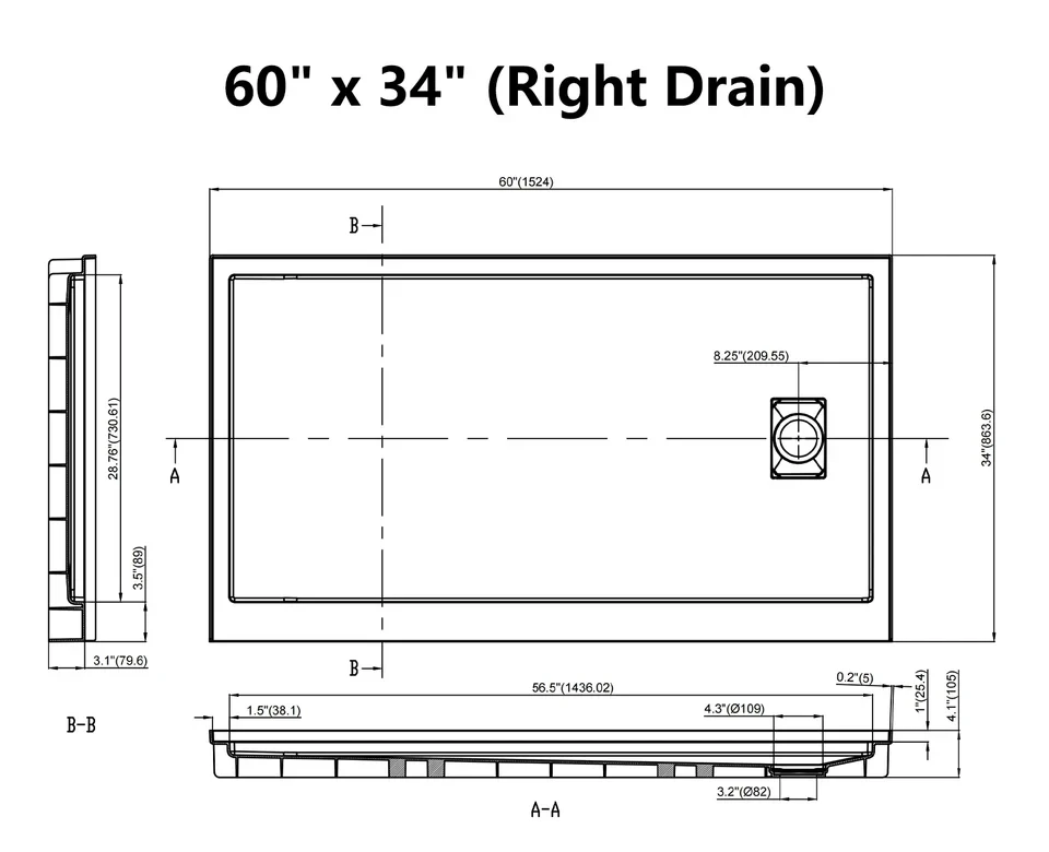 SMC Right Drain Shower Base