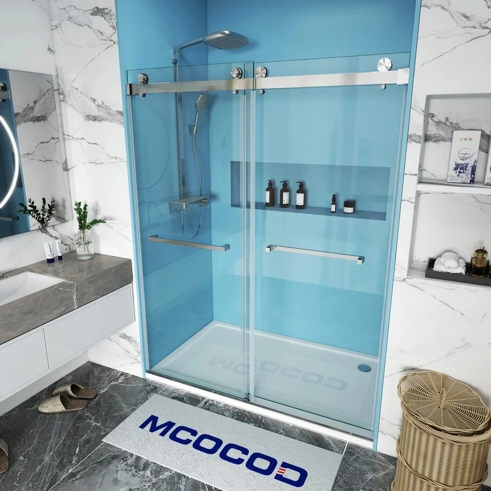 Double Sliding Frameless Shower Door With Towel Bars