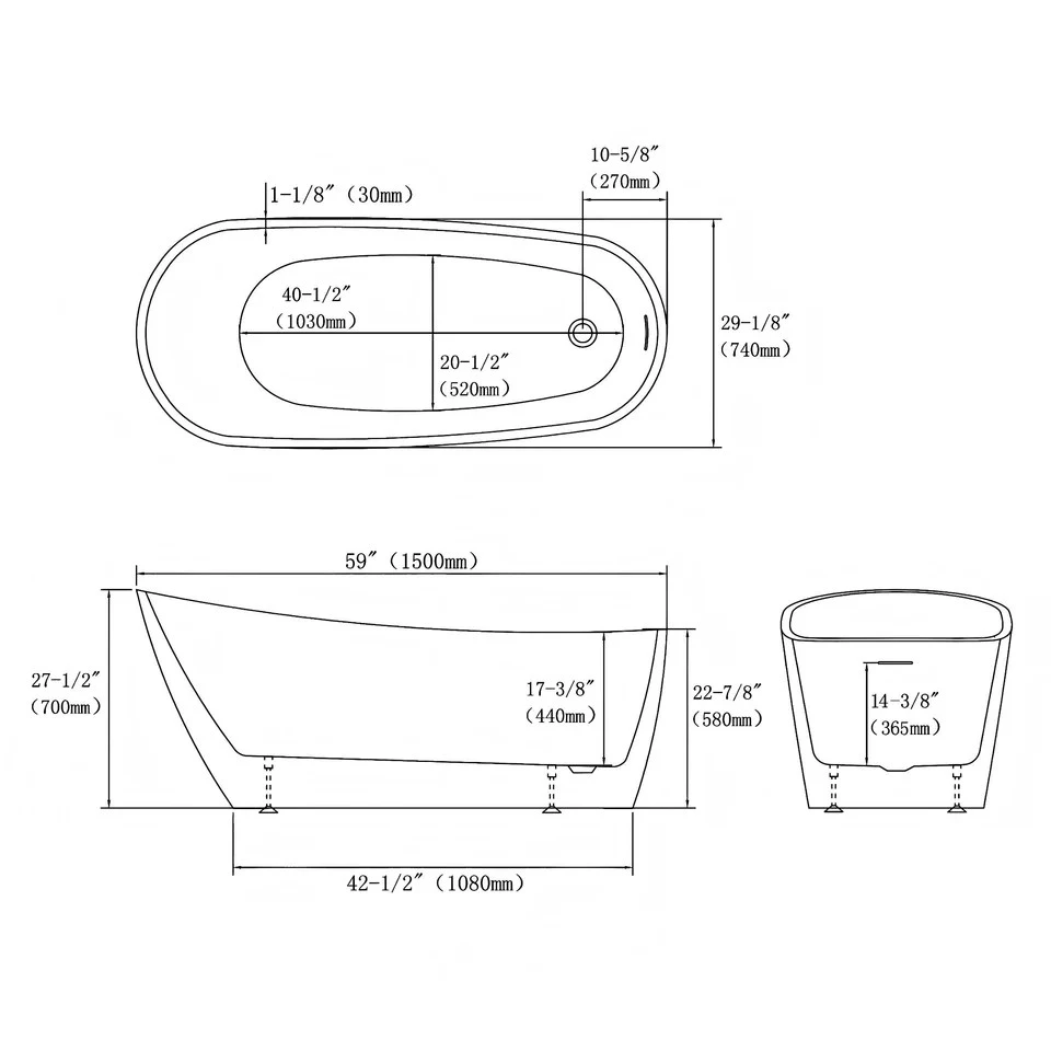 High Back Acrylic Freestanding Bathtub