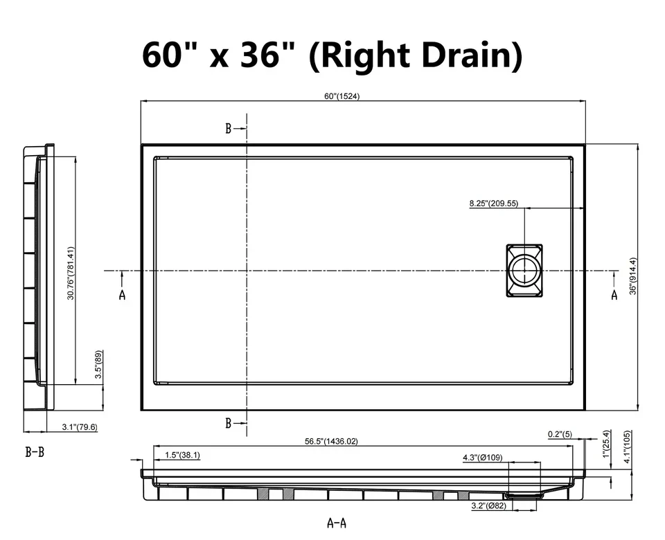 SMC Right Drain Shower Base